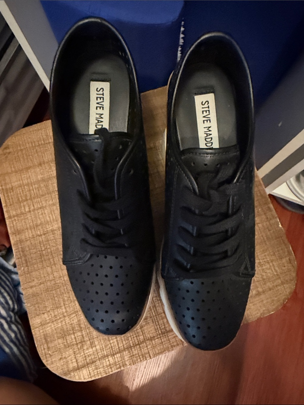 Steve Madden Black Perforated Platform Sneakers with Tan Wood-Effect Midsole - Picture 2 of 4